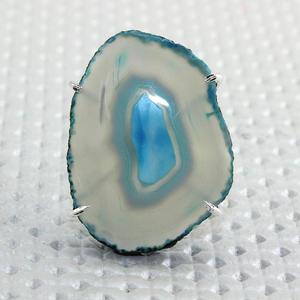 Anillo de piedra natural de ágata azul cielo, anillo de latón plateado, ajuste de piedra preciosa ajustable, precio al por mayor - Product Image 1