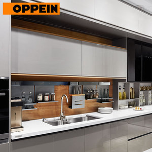 Mobili da <span class=keywords><strong>Cucina</strong></span> Lineari in Lacca <span class=keywords><strong>Grigio</strong></span> Argento Lucido con Isola, Armadi Modulari Moderni in Acciaio Inossidabile - Product Image 2