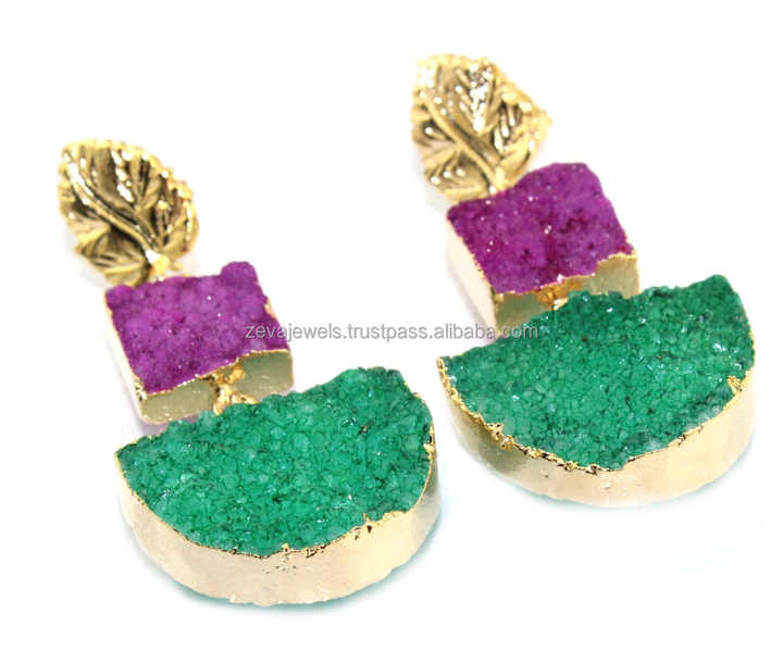 Sparkle Two Tier Natural Purple with Green Sugar Druzy Geometric Earring 24k Gold Plated Gold Leaf Design Stud Dangle Earrings