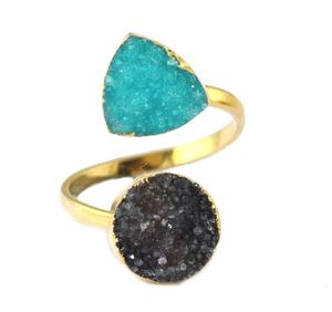 Wholesale Collection Natural Black & Sky Blue Druzy <b>Ring</b> <b>Brass</b> 24K Electroplated Adjustable <b>Ring</b> Handmade Statement <b>Ring</b> - Product Image 1