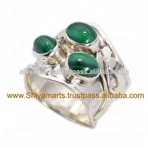 Belle bague en argent sterling 925 éternité vermeil cabochon de malachite naturelle pierres précieuses lunette sertissage mariages fêtes - Product Image 2
