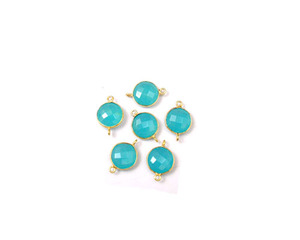 Bleu Aqua calcédoine pierre précieuse plaqué or forme ronde Double caution lunette à facettes connecteur de pierre de naissance Style Boho bijoux à la mode - Product Image 6