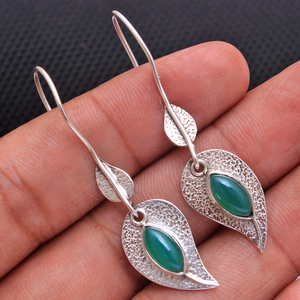 Pendiente de Plata de Ley 925 con diseño de hojas para mujer, arete de piedras preciosas hechas a mano de ónix verde, piedra lunar, ónix negro - Product Image 4