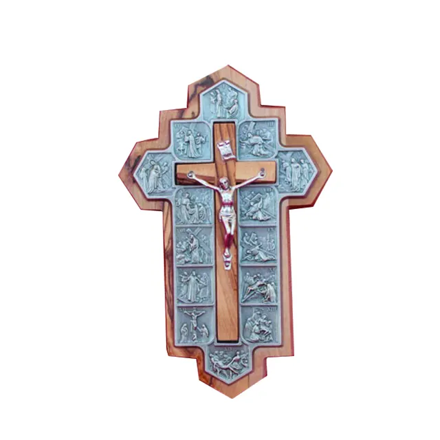 Olivewood Crucifix Dengan Corpus Logam dan Stasiun Salib, dan Penutup Kaca Yang Mengandung Batu, Daun, Kelopak, dan Tanah