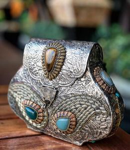 Handmade Embossed Brass Vintage Evening <b>Bag</b> Female Party <b>Clutch</b> Purse with Silver Stone Decoration - Product Image 2