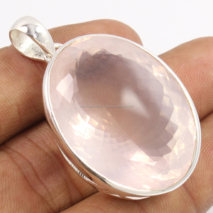 Pendentif en argent Cabochon de quartz rose de haute qualité en argent sterling 925 en forme de marquise pendentif fin bijoux faits à la main - Product Image 1