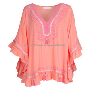 Qiao — bobine de fil Lurex brodé en dentelle, col en V, bord à volants, Rayon légèrement translucide, pour femmes, Boho, Poncho de plage - Product Image 1