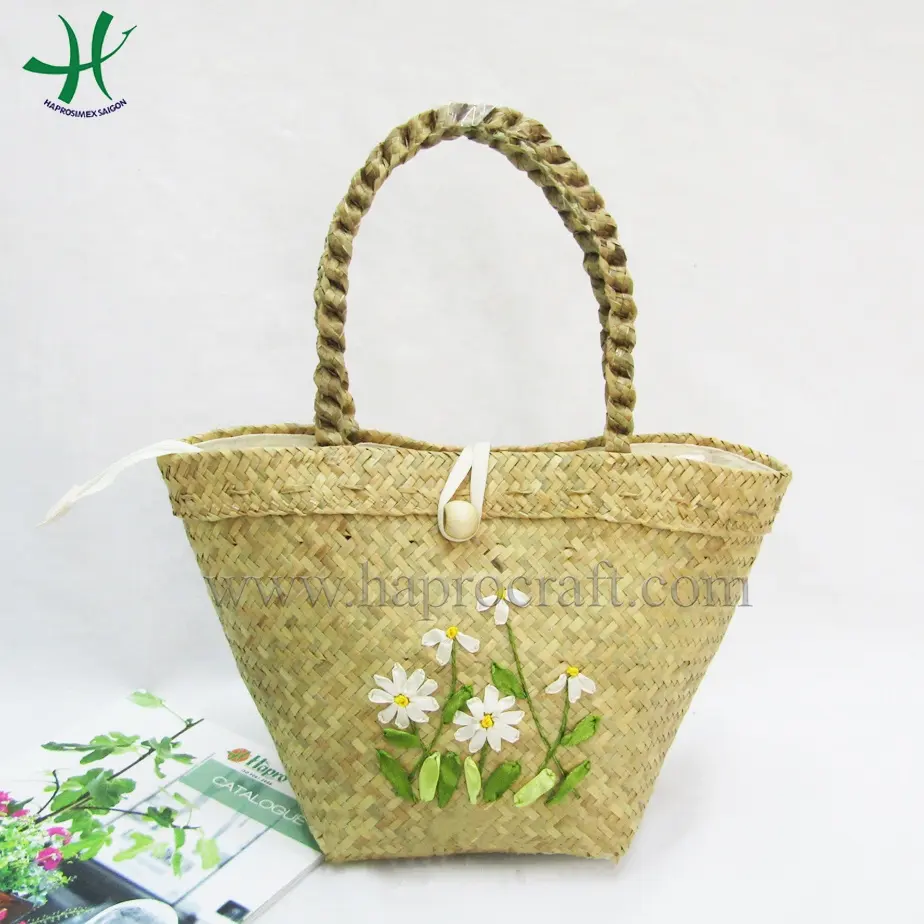 Vietnam Water hyacinth bag seagrass handbag with liner inside straw bag summer