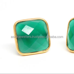 925 sterling <b>silver</b> Green Onyx Gemstone Earrings <b>Studs</b> vermeil - Product Image 1