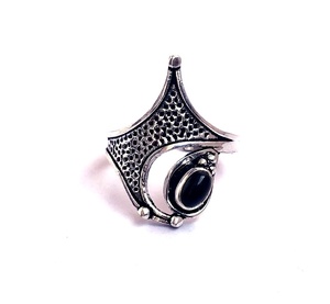 Women's <b>Adjustable</b> Bohemian Brass <b>Ring</b> with <b>Silver</b> Stone and Black Onyx Gemstone Bezel Setting for Anniversary - Product Image 4