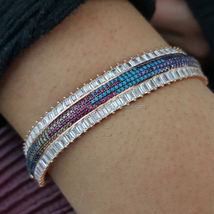 Rose Gold P. 925K Sterling Silver Micro Pave Cz Diamond <b>Rainbow</b> Baguette Bangle <b>Bracelet</b> - Product Image 1