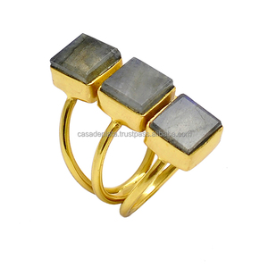 925 argent Sterling Style classique carré cabine Labradorite pierres précieuses bague lunette réglage plaqué or trois pierres bande pour les mariages - Product Image 3