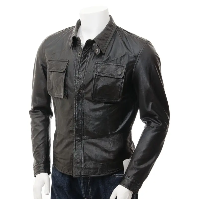 Мужская черная кожаная рубашка/мужская кожаная рубашка с длинным рукавом/горячая Распродажа кожаной рубашки