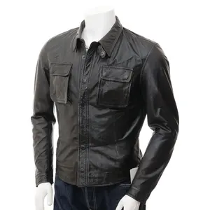 Mens Black Leather Shirt Jacket / Long Sleeve Leather Shirt Men / Hot verkauf Leather hemd