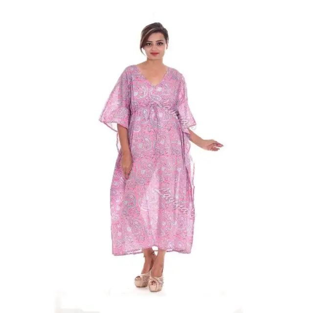 Indian cotton long block print kaftan women wear gown maxi beach cover up caftan abaya poncho dress long sleeves evening dresses