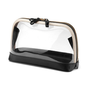 Hermosa bolsa de cosméticos con cremallera negra y transparente de cuero y PVC - Product Image 1