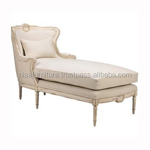 Chaise longue de style Louis XV antique, reproduction, canapé-lit, bois et tissu capitonné, meubles pour la maison ou l'hôtel - Product Image 1