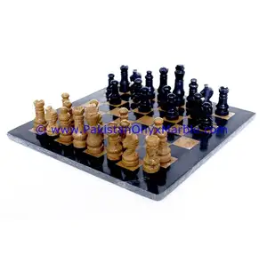 LUXURIÖSE DEKORATIVE MARMOR SCHACH SET BOARDS CHECKERS SPIEL SCHWARZ UND INDUS GOLD MARMOR