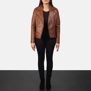 2023 नई आगमन शीर्ष फैशन डिजाइन फ़्लैश बैक के लिए भूरे रंग के चमड़े बाइकर जैकेट महिलाओं