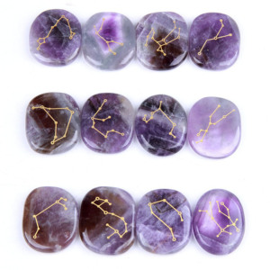 12pcs Améthyste Naturelle Pierres De Palmier Style Feng Shui Symbole Du Zodiaque Gemmes Sculpté Gravure Technique Mascotte - Product Image 1
