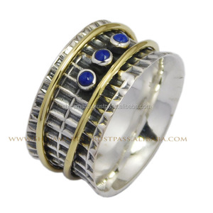Belle bague Spinner indienne en argent faite à la main avec de véritables bagues d'éternité en pierre précieuse de Lapis Lazuli Vermeil pour mariage de méditation - Product Image 4