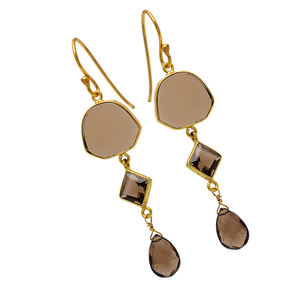 Smoky Quartz Gemstone 925 Sterling Silver <b>Gold</b> Plated Fish Hook <b>Dangle</b> <b>Earrings</b> Vintage Fashionable <b>Earring</b> for Wedding, Gift. - Product Image 1