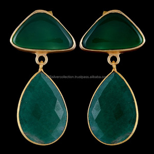 Boucles d'oreilles vintage en onyx de forme poire de couleur verte Bijoux en laiton faits à la main pour un anniversaire - Product Image 2
