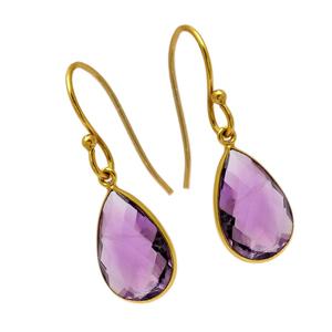 Amethyst Gemstone Bezel Setting 925 <b>Sterling</b> <b>Silver</b> Gold Plated Fish Hook Dangle Earrings Fashionable Earring for Women. - Product Image 2