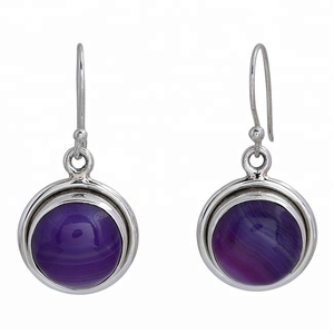 Pierre précieuse ronde en agate de dentelle violette 925 bijoux de boucle d'oreille en argent sterling plaqué argent boucle d'oreille à la mode pour cadeau de mariage ou fête - Product Image 1