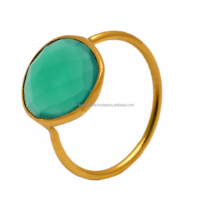 925 Sterling Silver <b>Ring</b> with Natural Green Onyx Gemstone Gold Plated Bezel Setting Cute Fashionable Plain <b>Ring</b> Fine Jewelry - Product Image 1