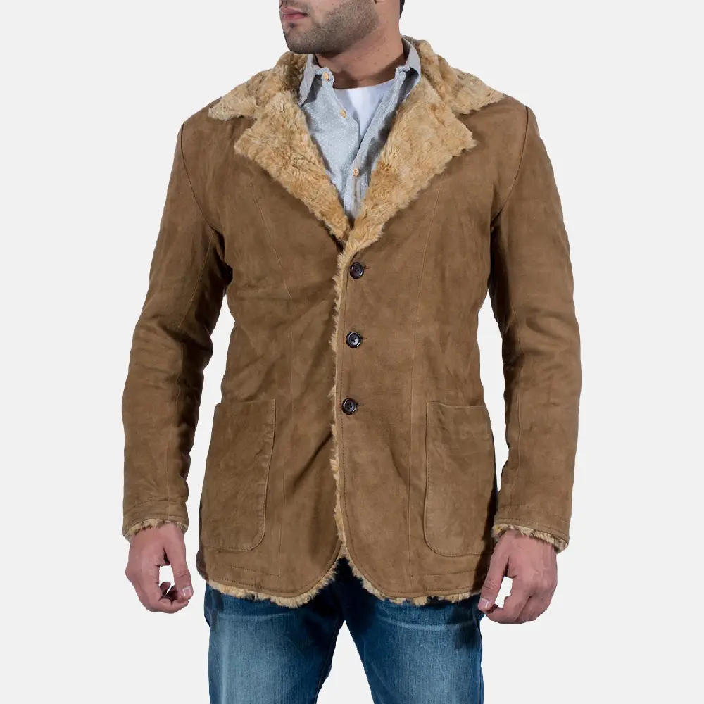 New Fashionable Design Furlong Beige Leather Coat For Men With Goat skin 100% Leather