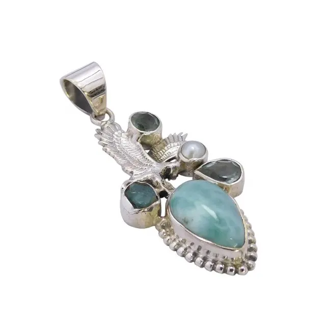 Handmade 925 Sterling Silver Larimar Pearl Multi Garnet Pendant Gemstone Silver Jewelry Supplier And Exporter