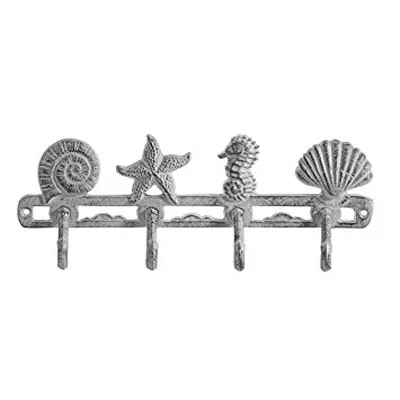 White Distressed Iron Metal Sea Horse Stars and Shells Wall Hanger with 4 Hooks