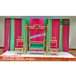 Düğün Sangeet sahne salıncak seti dekor şık tema düğün salıncak seti güzel tik ahşap kapı Jhula seti