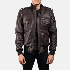 New Customized Design Men's Koke Brown Leather Bomber Jacket With Sheep skin 100% Real Leather