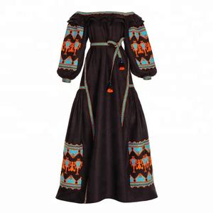 100% Lino de alta calidad Boho Vintage negro fuera del hombro vestido largo ucraniano con borla bordado hecho a mano vestidos de fiesta - Product Image 1
