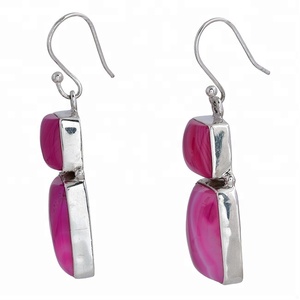 Boucles d'oreilles à deux pierres précieuses en agate de dentelle rose en argent sterling 925 avec boucles d'oreilles à la mode romantiques plaquées argent pour les femmes - Product Image 2