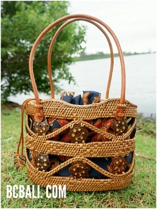 Style balinais tissé à la main ata d'herbe femme fourre-tout sac avec batik doublure - Product Image 2