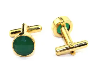 Charming Round Stone Checker Cut Men's Cufflink 24k Gold Plated Green Onyx Cufflinks Jewelry