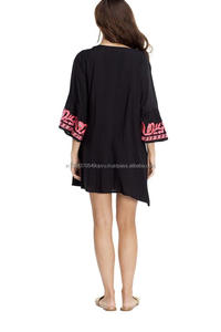Robe brodée à manches cloches pour femmes, vente en gros, vêtement Design personnalisé, tunique Collection nouvelle saison, col à pompon, Cover-up, Collection nouvelle Collection, - Product Image 2
