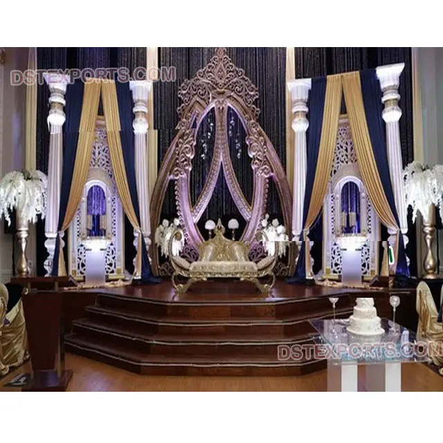 Royal Asian Wedding Stage Dekorationen Fiber Roman Pillars Stage mit ovalen Hintergrund Panel Indian Wedding Stage Decor