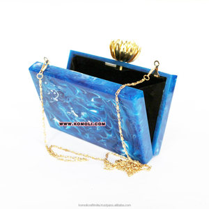 กระเป๋าคลัทช์โลหะลายหินอ่อนสีน้ำเงินอินเดีย กระเป๋าอะคริลิกเรซิ่นลูไซต์ คอลเลคชั่นวินเทจ - Product Image 3