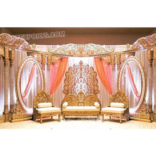 Decorated Thin Pillar Wedding Stage Fiber Carved Indian Wedding Stage Oval Panels Wedding Reception Stage Decor