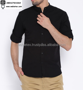Camisa informal negra con cuello mandarín para hombre, popelina teñida de hilo transpirable de verano, 100% algodón de Bangladesh - Product Image 1