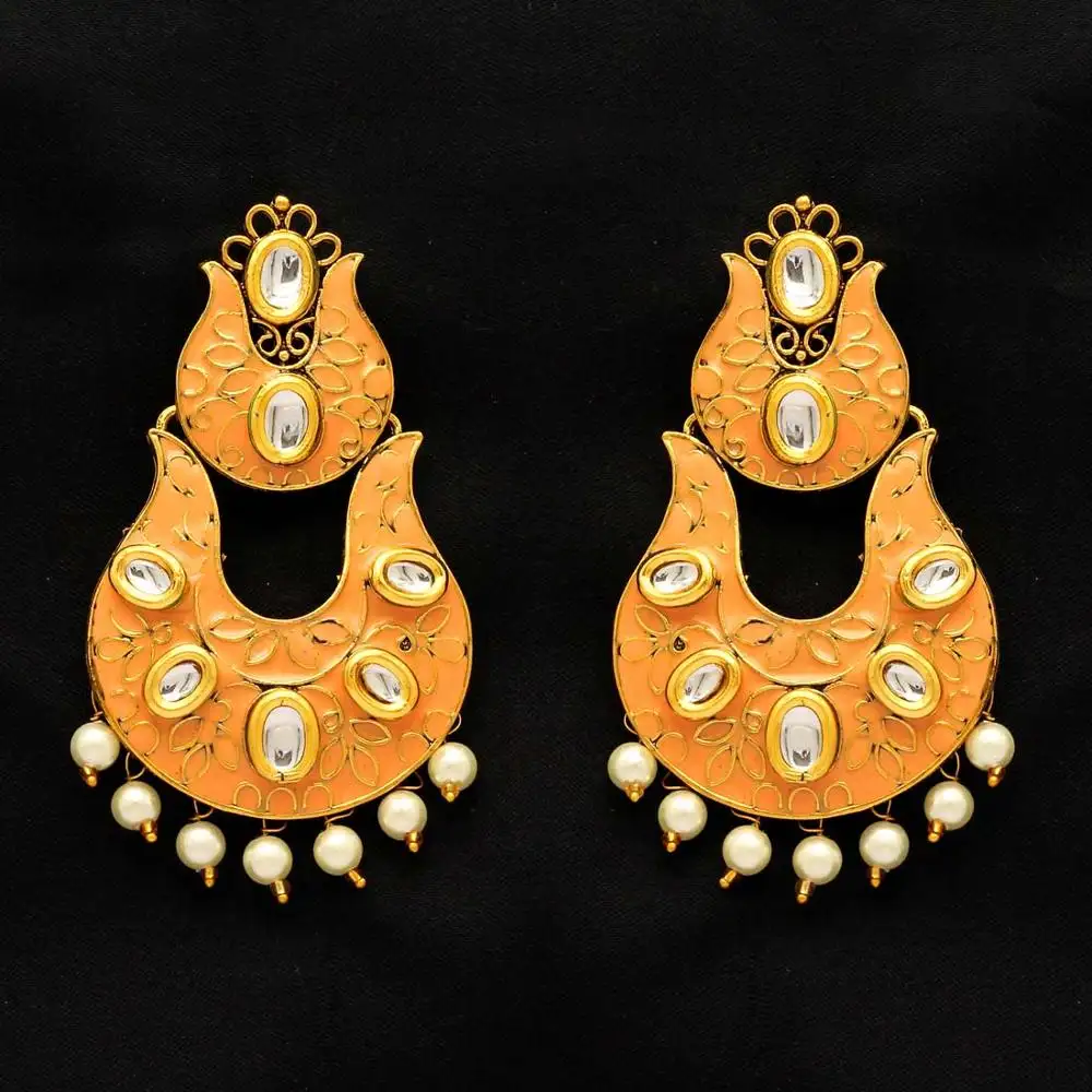 Designer India Jewelry of Peach Color Kundan Antique Earrings foe women and girls