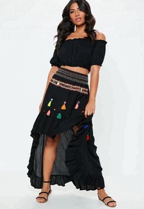 Ropa informal para mujer, bordado a mano, múltiples borlas, trabajo de espejo, falda de tela de rayón de Color negro con flecos coloridos en la falda - Product Image 4