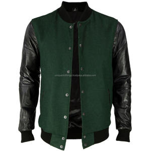 Mangas de cuero negro de alta calidad y chaqueta de lana verde, chaqueta de equipo universitario personalizada, barata - Product Image 2