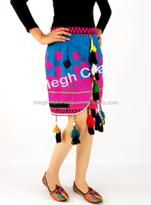 Antique Indian Banjara Skirt Vintage Fabric <b>Pom</b> <b>Pom</b> Fringe Mini Skirt Mirror Work Plus Size Womens Vintage Banjara Tribal Mirror - Product Image 6