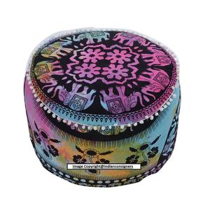 Housse ronde ottomane Elephant Mandala Home Decor Pouf de 22 pouces Housse de repose-pieds en coton multicolore Pouf par des expéditeurs indiens - Product Image 1
