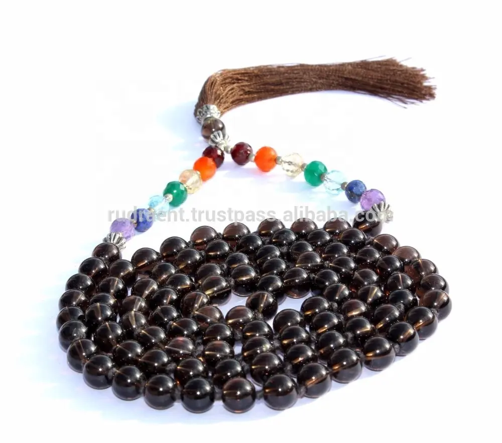 Men's Natural Smoky Quartz Gemstone Spiritual Rosary 108 Mala Beads Knotted Necklace with Silk Tassel 7 Chakra Beads for Yoga